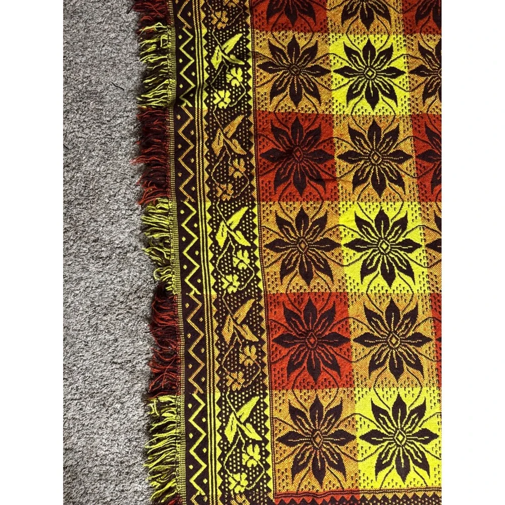 Vintage Polish Folk Wool Blanket Jacquard Floral Geometric Throw. Boho. Autumn.